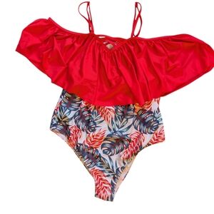 SHEIN Red Tropical Print One‎ Piece Plus Size Swimsuit Womens 2XL